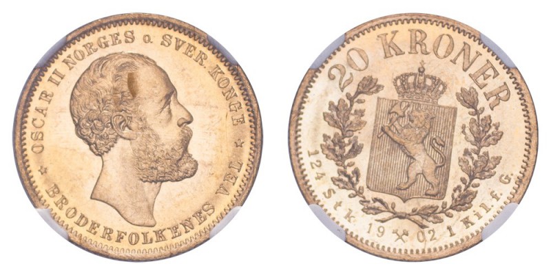 NORWAY. Oscar II, 1872-1905. Gold 20 Kroner 1902, Kongsberg. 8.96 g. Mintage 50,...