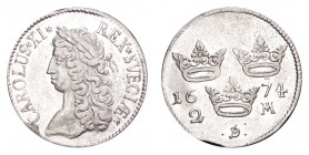 SWEDEN. Karl XI, 1660-97. 2 Mark 1674, Stockholm. Finest graded. 10.28 g. Ahlstrom 126. Lovely piece with much remaining lustre and a sharpness rarely...