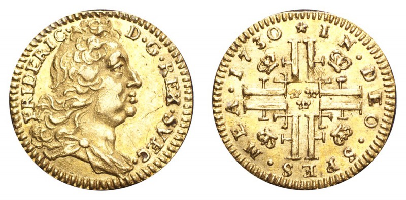 SWEDEN. Fredrik I, 1720-51. Gold 1/4 Ducat 1730, Stockholm. 0.86 g. Mintage 1,69...