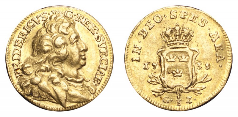 SWEDEN. Fredrik I, 1720-51. Gold 1/2 Ducat 1735, Stockholm. 1.75 g. Mintage 304....