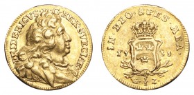 SWEDEN. Fredrik I, 1720-51. Gold 1/2 Ducat 1735, Stockholm. 1.75 g. Mintage 304. Ahlstrom 44. Very rare, only 304 pieces struck. VF.