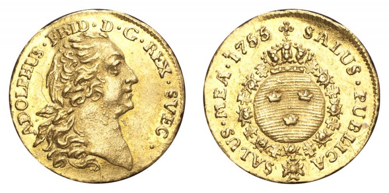 SWEDEN. Adolf Fredrik, 1751-71. Gold 1/4 Ducat 1755, Stockholm. 0.9 g. Mintage 2...