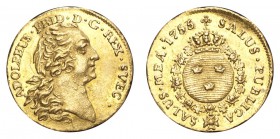 SWEDEN. Adolf Fredrik, 1751-71. Gold 1/4 Ducat 1755, Stockholm. 0.9 g. Mintage 292. Ahlstrom 40. Very rare, only 292 pieces struck. Traces of mount at...