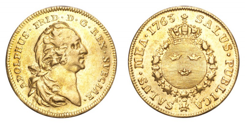 SWEDEN. Adolf Fredrik, 1751-71. Gold Ducat 1763, Stockholm. 3.45 g. Mintage 4,07...