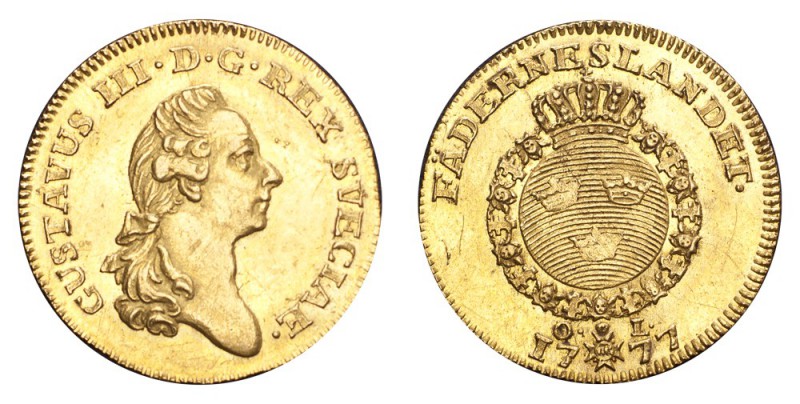 SWEDEN. Gustav III, 1771-92. Gold Ducat 1777, Stockholm. 3.51 g. Mintage 10,198....
