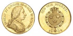SWEDEN. Gustav IV Adolf, 1792-1809. Gold Ducat 1804, Stockholm. 3.5 g. Mintage 8,700. Ahlstrom 14. A very rare date, only 9 examples are known in priv...
