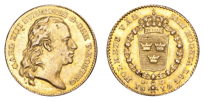 SWEDEN. Karl XIII, 1809-18. Gold Ducat 1814, Stockholm. 3.48 g. Mintage 21,864. ...