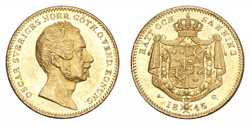 SWEDEN. Oscar I, 1844-59. Gold Ducat 1845, Stockholm. 3.49 g. Mintage 45,985. Ah...