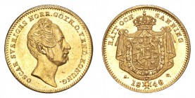 SWEDEN. Oscar I, 1844-59. Gold Ducat 1848, Stockholm. 3.49 g. Mintage 36,940. Ahlstrom 12. Type II, Narrow head type (1845-59). EF, reverse better.