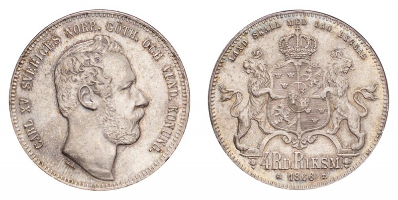 SWEDEN. Carl XV, 1859-72. Riksdaler 1866, Stockholm. Finest graded. 34 g. Mintag...