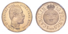 SWEDEN. Carl XV, 1859-72. Gold Carolin 1868, Stockholm. Finest Graded. 3.23 g. Mintage 33,468. KM-716, Fr-92. The so called 'Carolin' or 10 Francs den...
