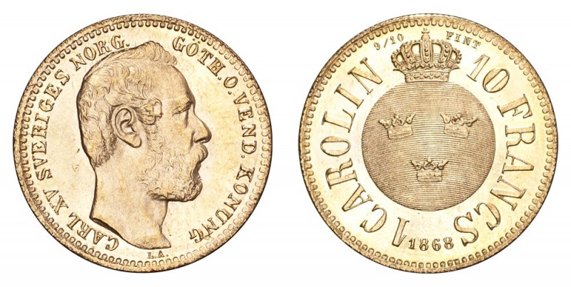 SWEDEN. Carl XV, 1859-72. Gold Carolin 1868, Stockholm. 3.25 g. Mintage 33,468. ...