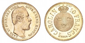 SWEDEN. Carl XV, 1859-72. Gold Carolin 1868, Stockholm. 3.25 g. Mintage 33,468. Ahlstrom 10; KM-716; Fr.92. Choice UNC.