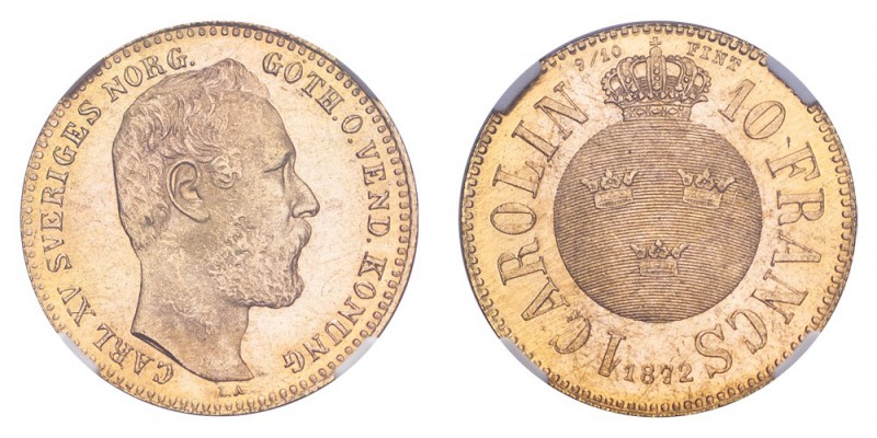SWEDEN. Carl XV, 1859-72. Gold Carolin 1872, Stockholm. 3.23 g. Mintage 11,959. ...