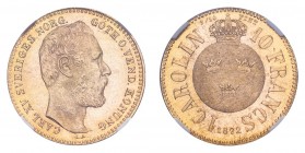 SWEDEN. Carl XV, 1859-72. Gold Carolin 1872, Stockholm. 3.23 g. Mintage 11,959. Ahlstrom 13a; KM-716; Fr.92. Last date of this series. Scarce, especia...
