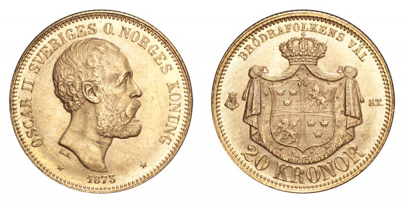 SWEDEN. Oscar II, 1872-1907. Gold 20 Kronor 1873, Stockholm. 8.96 g. Mintage 115...