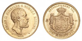 SWEDEN. Oscar II, 1872-1907. Gold 20 Kronor 1873, Stockholm. 8.96 g. Mintage 115,108. KM-733. EF.