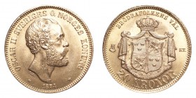 SWEDEN. Oscar II, 1872-1907. Gold 20 Kronor 1874, Stockholm. 8.96 g. Mintage 239,500. KM-733. Wiped. EF.