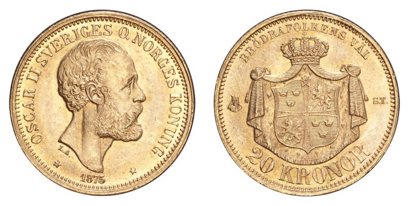 SWEDEN. Oscar II, 1872-1907. Gold 20 Kronor 1875, Stockholm. 8.96 g. Mintage 359...