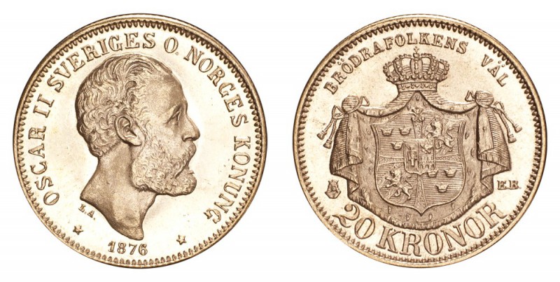 SWEDEN. Oscar II, 1872-1907. Gold 20 Kronor 1876, Stockholm. 8.96 g. Mintage 172...