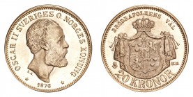 SWEDEN. Oscar II, 1872-1907. Gold 20 Kronor 1876, Stockholm. 8.96 g. Mintage 172,500. KM-733. Early strike with prooflike characteristics. Choice UNC.