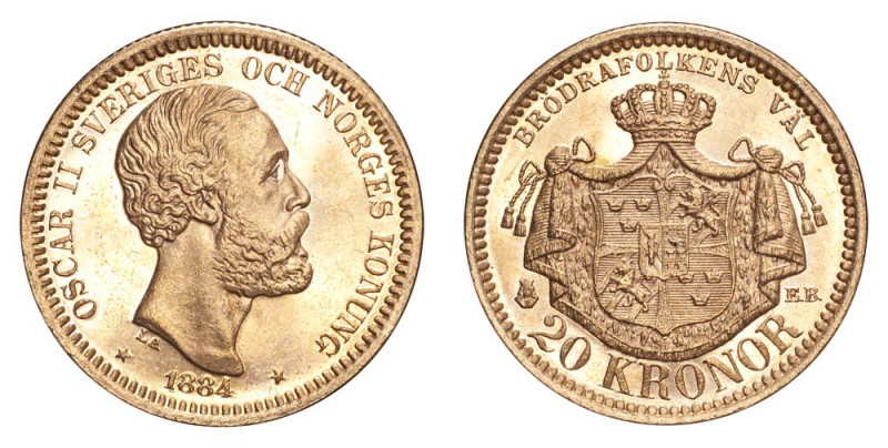 SWEDEN. Oscar II, 1872-1907. Gold 20 Kronor 1884, Stockholm. 8.96 g. Mintage 190...