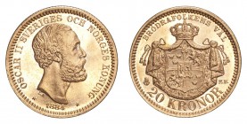 SWEDEN. Oscar II, 1872-1907. Gold 20 Kronor 1884, Stockholm. 8.96 g. Mintage 190,750. KM-748. UNC.