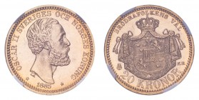 SWEDEN. Oscar II, 1872-1907. Gold 20 Kronor 1885, Stockholm. 8.96 g. Mintage 6,250. KM-748. In US plastic holder, graded NGC MS65, certification numbe...