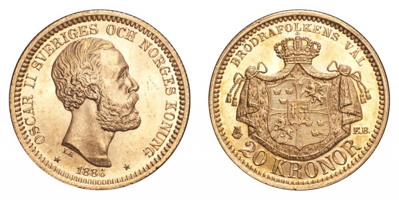 SWEDEN. Oscar II, 1872-1907. Gold 20 Kronor 1886, Stockholm. 8.96 g. Mintage 172...