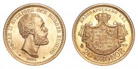 SWEDEN. Oscar II, 1872-1907. Gold 20 Kronor 1886, Stockholm. 8.96 g. Mintage 172,809. KM-748. UNC.