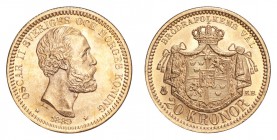 SWEDEN. Oscar II, 1872-1907. Gold 20 Kronor 1889, Stockholm. 8.96 g. Mintage 201,500. KM-748. UNC.