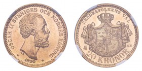 SWEDEN. Oscar II, 1872-1907. Gold 20 Kronor 1890, 8.96 g. Mintage 155,491. KM-748. A magnificent gem. In US plastic holder, graded NGC MS65, certifica...