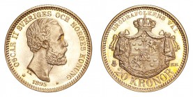 SWEDEN. Oscar II, 1872-1907. Gold 20 Kronor 1895, Stockholm. 8.96 g. Mintage 134,660. KM-748. Early strike with prooflike characteristics. UNC.