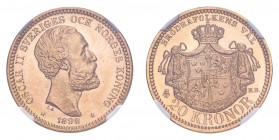 SWEDEN. Oscar II, 1872-1907. Gold 20 Kronor 1898, 8.96 g. Mintage 260,848. KM-748. A magnificent gem. In US plastic holder, graded NGC MS65, certifica...
