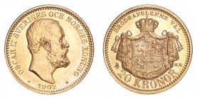 SWEDEN. Oscar II, 1872-1907. Gold 20 Kronor 1902, Stockholm. 8.96 g. Mintage 113,810. KM-765. UNC.