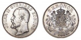 SWEDEN. Oscar II, 1872-1907. 2 Kronor 1906, Stockholm. 15 g. Mintage 112,468. KM-773. A few tiny marks. AUNC/UNC.