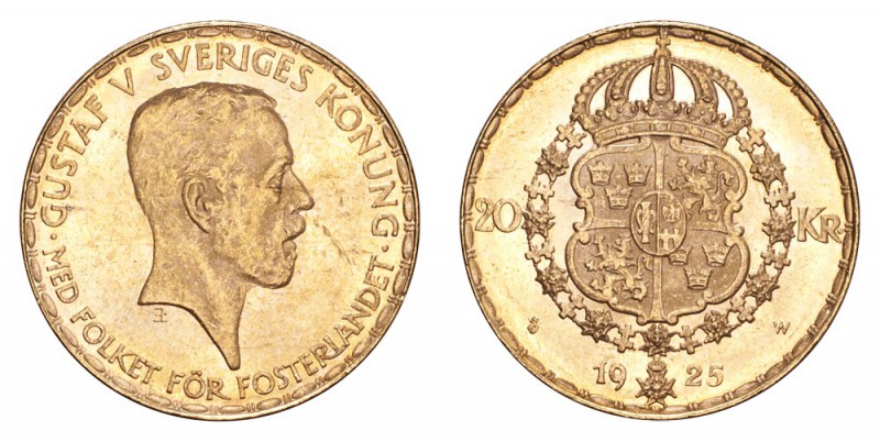 SWEDEN. Gustav V, 1907-50. Gold 20 Kronor 1925, Stockholm. 8.96 g. Mintage 387,2...