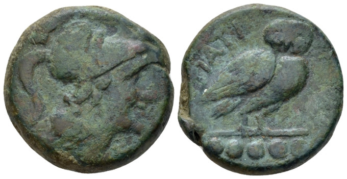 Apulia, Teate Quincux circa 225-200, Æ 24.00 mm., 17.77 g.
Head of Minerva r., ...