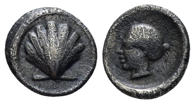 Calabria, Tarentum Litra circa 430, AR 10.00 mm., 0.74 g.
Cockle-shell. Rev. Fe...