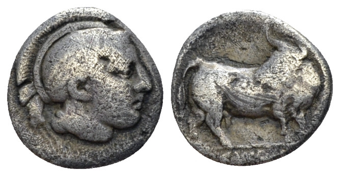 Lucania, Sybaris Triobol circa 446-440, AR 11.00 mm., 1.02 g.
Head of Athena r....