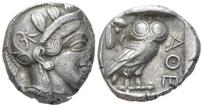 Attica, Athens Tetradrachm After 449 BC, AR 23.00 mm., 17.19 g.
Head of Athena ...