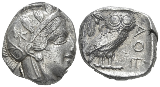 Attica, Athens Tetradrachm After 449 BC, AR 24.00 mm., 17.09 g.
Head of Athena ...