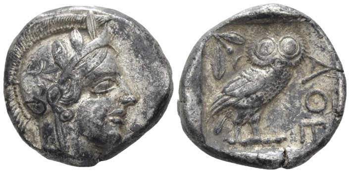 Attica, Athens Tetradrachm After 449 BC, AR 24.00 mm., 17.14 g.
Head of Athena ...