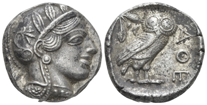 Attica, Athens Tetradrachm After 449 BC, Æ 23.00 mm., 17.17 g.
Head of Athena r...