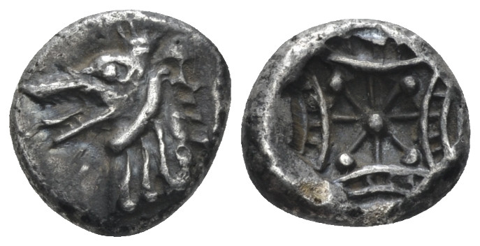 Caria, uncertain mint Tetrobol circa 510-490, AR 11.00 mm., 1.89 g.
Head of gri...