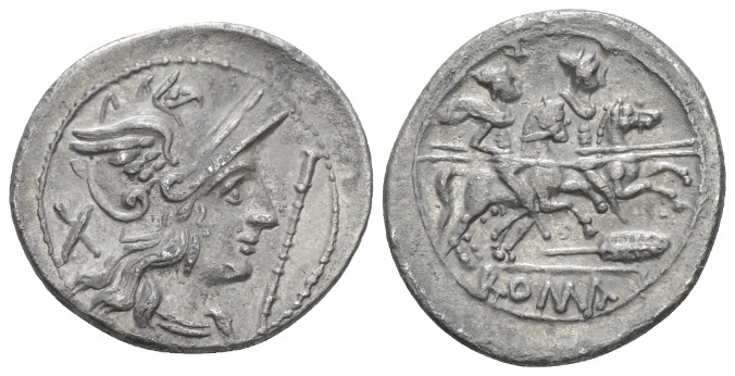 Denarius circa 206-200, AR 19.80 mm., 2.97 g.
Helmeted head of Roma r.; behind,...