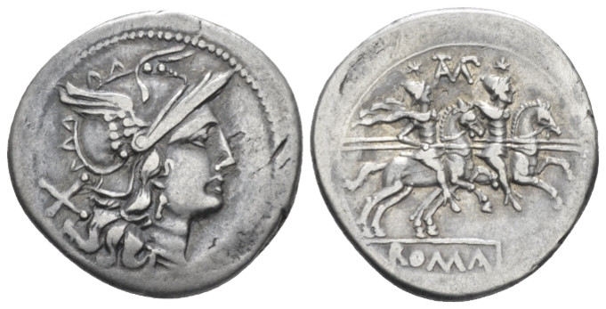 TAMP series Denarius circa 194-190, AR 20.30 mm., 3.52 g.
Helmeted head of Roma...