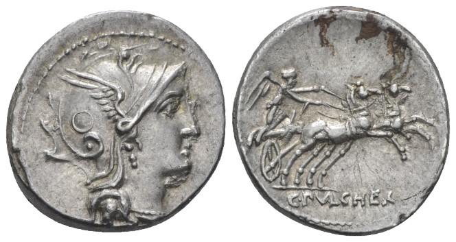 C. Claudius Pulcher. Denarius 100 or 109, AR 17.80 mm., 3.96 g.
Helmeted head o...