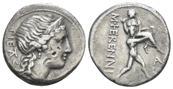 M. Herennius. Denarius 108 or 107, AR 17.60 mm., 3.82 g.
PIETAS Diademed head o...