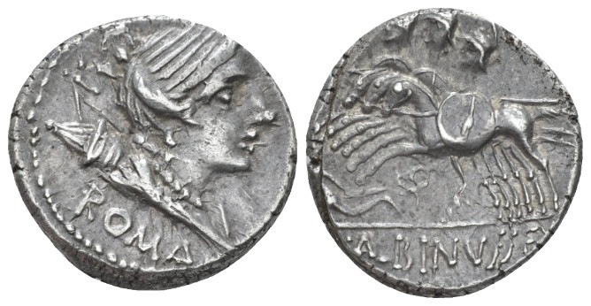 A. Postumius Albinus Sp.f. Denarius 96 (?), AR 17.50 mm., 3.89 g.
Diademed head...